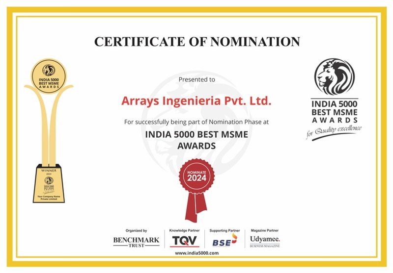 India 5000 Best MSME Award for Quality Excellence, Ingenieria (Arrays Ingenieria Pvt. Ltd.)