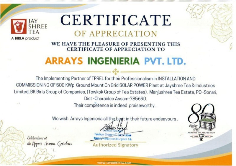 Jay Shree Tea certificate of appreciation, 500 kWp solar, Ingenieria