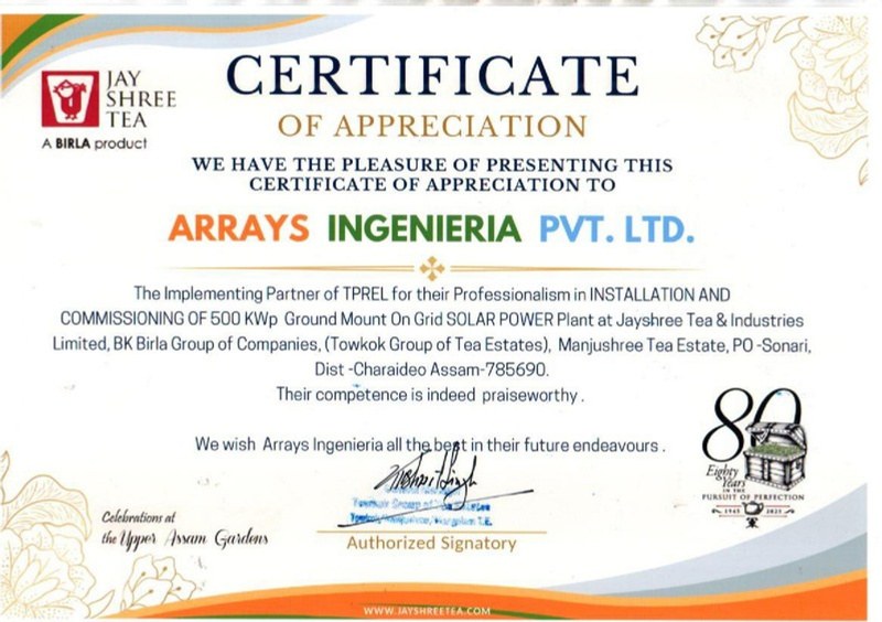 Jay Shree Tea certificate of appreciation, 535 kWp Towkok solar, Ingenieria