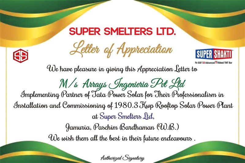 Super Smelters Ltd. letter of appreciation, 1980.3 kWp solar, Ingenieria