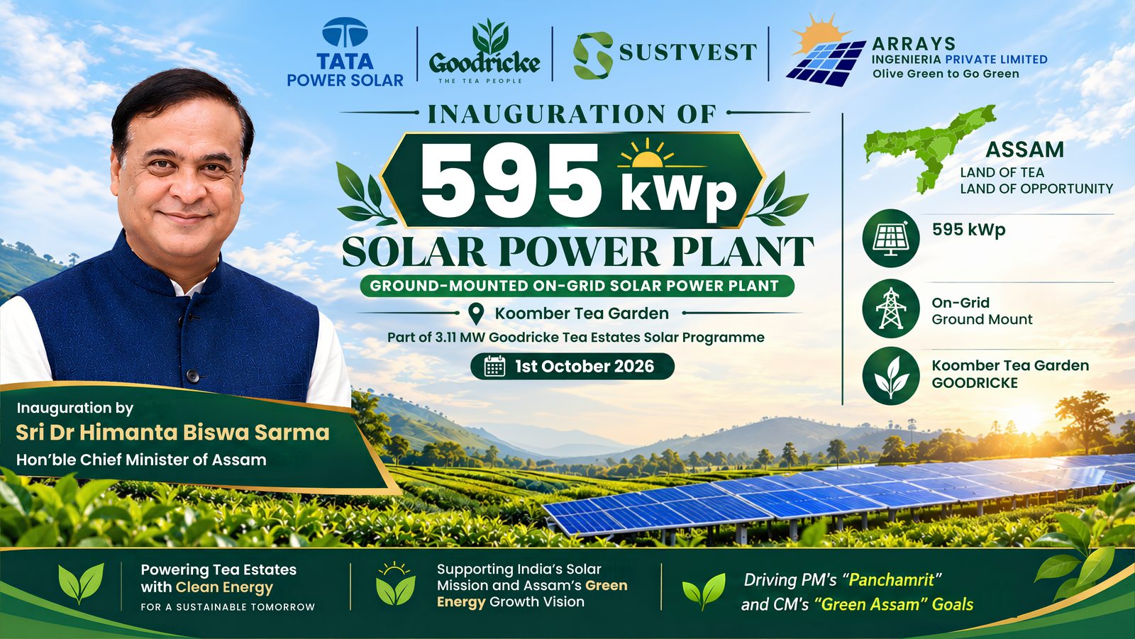 Inauguration banner: 595 kWp solar plant at Koomber Tea Garden, with Tata Power Solar, Goodricke, Sustvest and Arrays Ingenieria