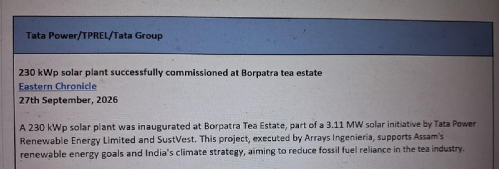 Listed in Tata Power / TPREL media monitoring, 27 Sep 2026, Arrays Ingenieria