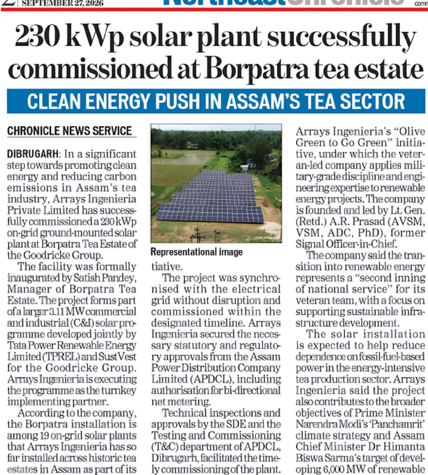 Northeast Chronicle report: 230 kWp solar plant commissioned by Arrays Ingenieria at Borpatra tea estate