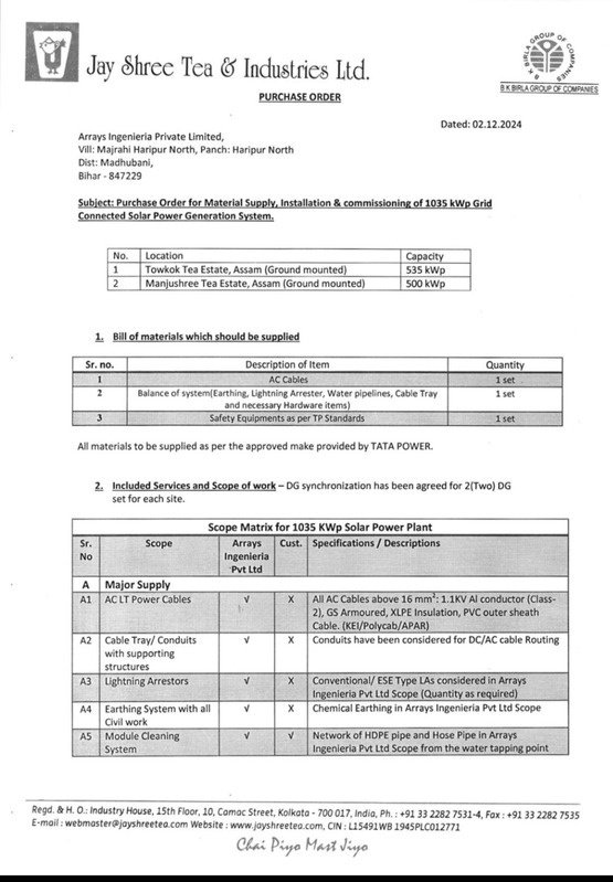 Jay Shree Tea purchase order for 1035 kWp grid-connected solar, Ingenieria