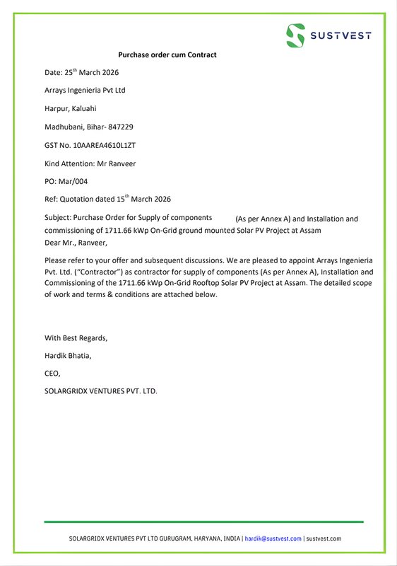 Purchase order for 1711.66 kWp on-grid solar, Assam, Ingenieria