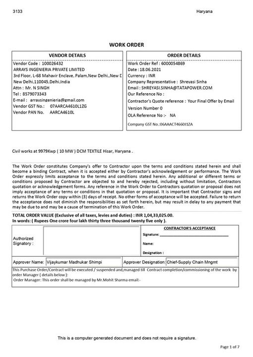 Tata Power work order for DCM Hisar 10 MW solar civil works, Ingenieria