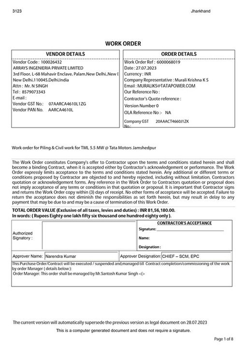 Tata Power work order for Tata Motors 5.5 MW solar, Ingenieria